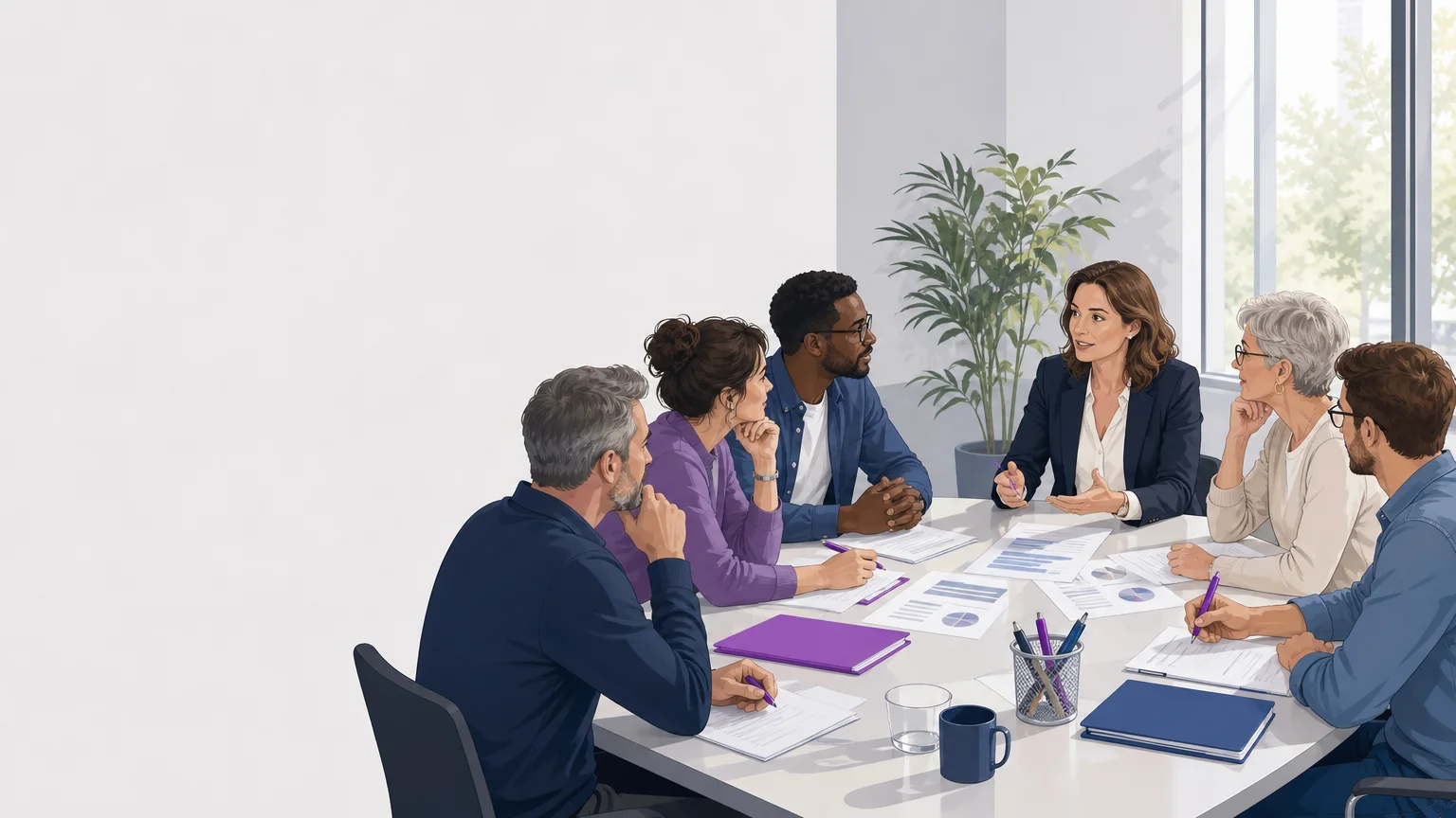 Illustration de représentants du personnel échangeant autour d’une table lors d’une réunion CSE
