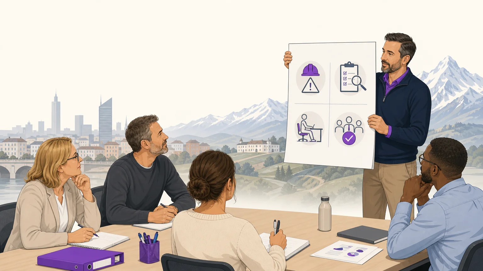 Illustration éditoriale d’une formation SSCT pour des élus du CSE à Lyon, Grenoble et Bourg-en-Bresse