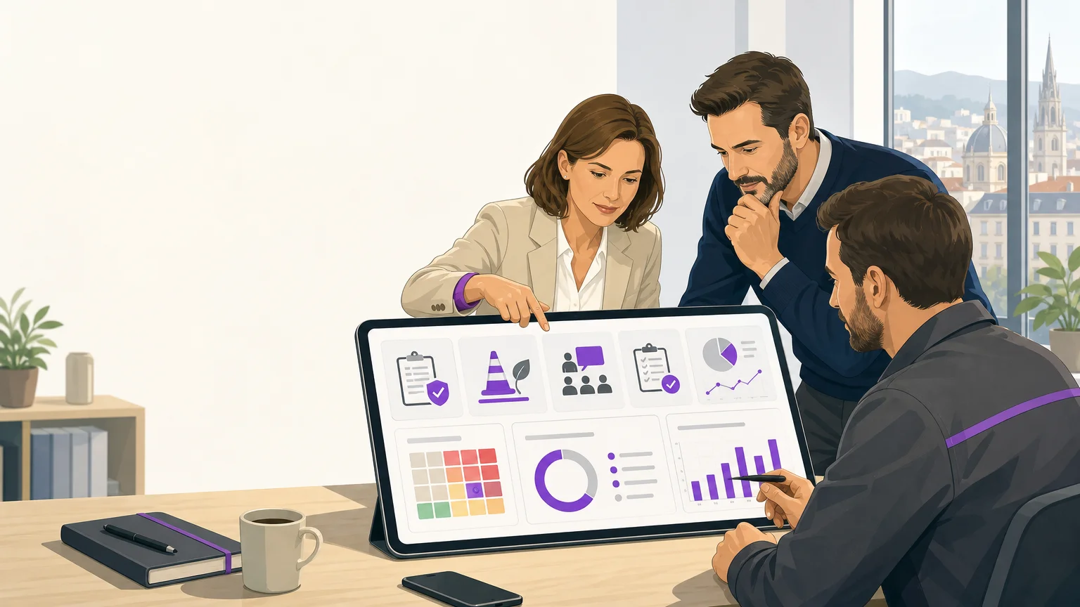 Illustration professionnelle d’une équipe française pilotant la prévention des risques professionnels avec un outil numérique, dans un environnement de travail moderne