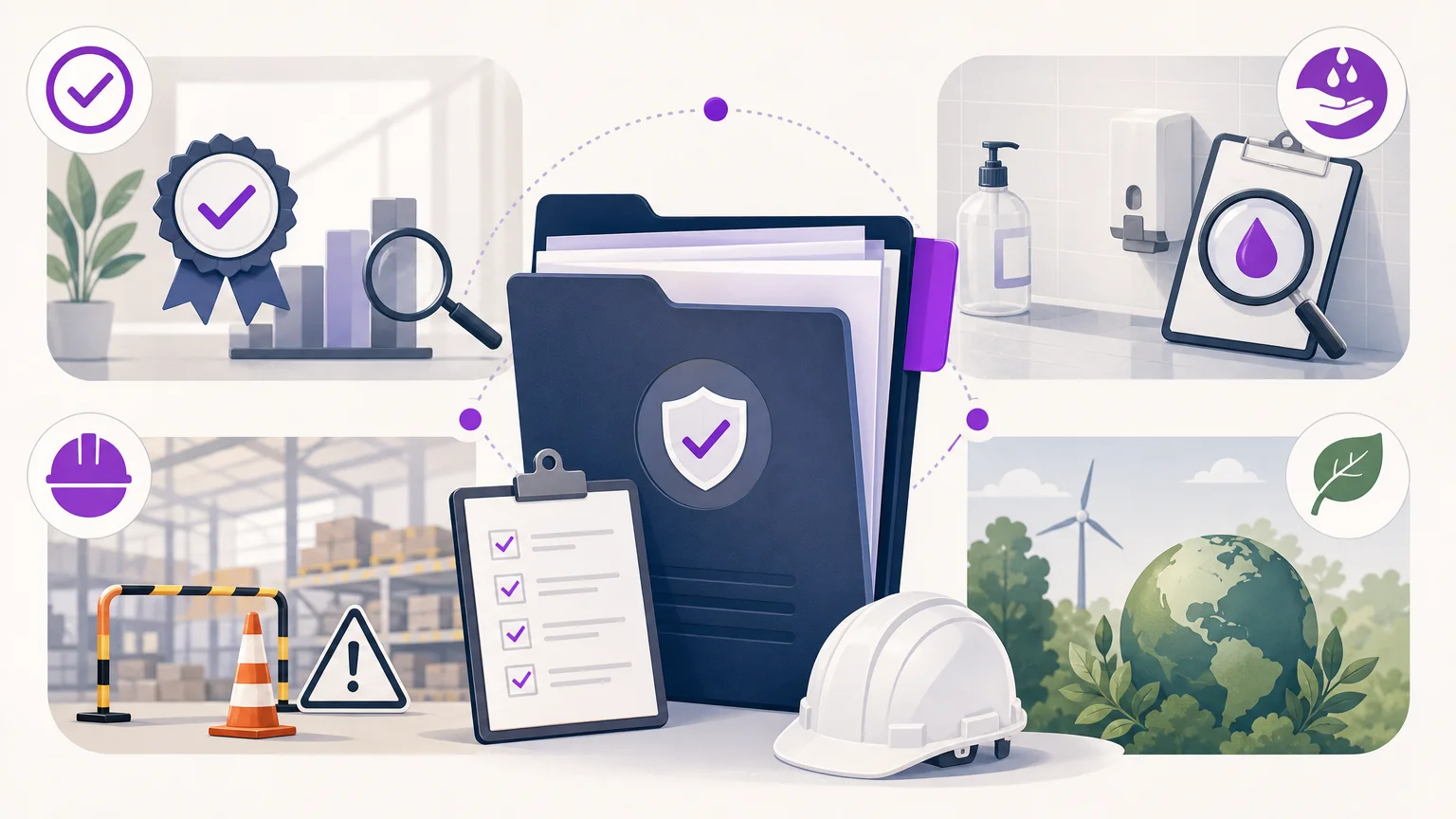 Illustration représentant les quatre dimensions de la QHSE dans un environnement professionnel