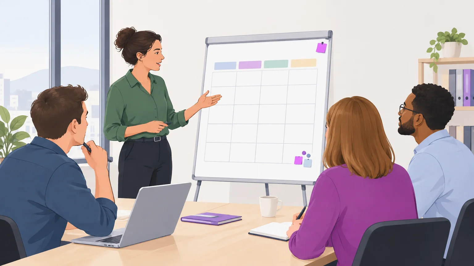 Illustration d’une équipe qui examine ensemble l’organisation du travail pour prévenir les risques psychosociaux.