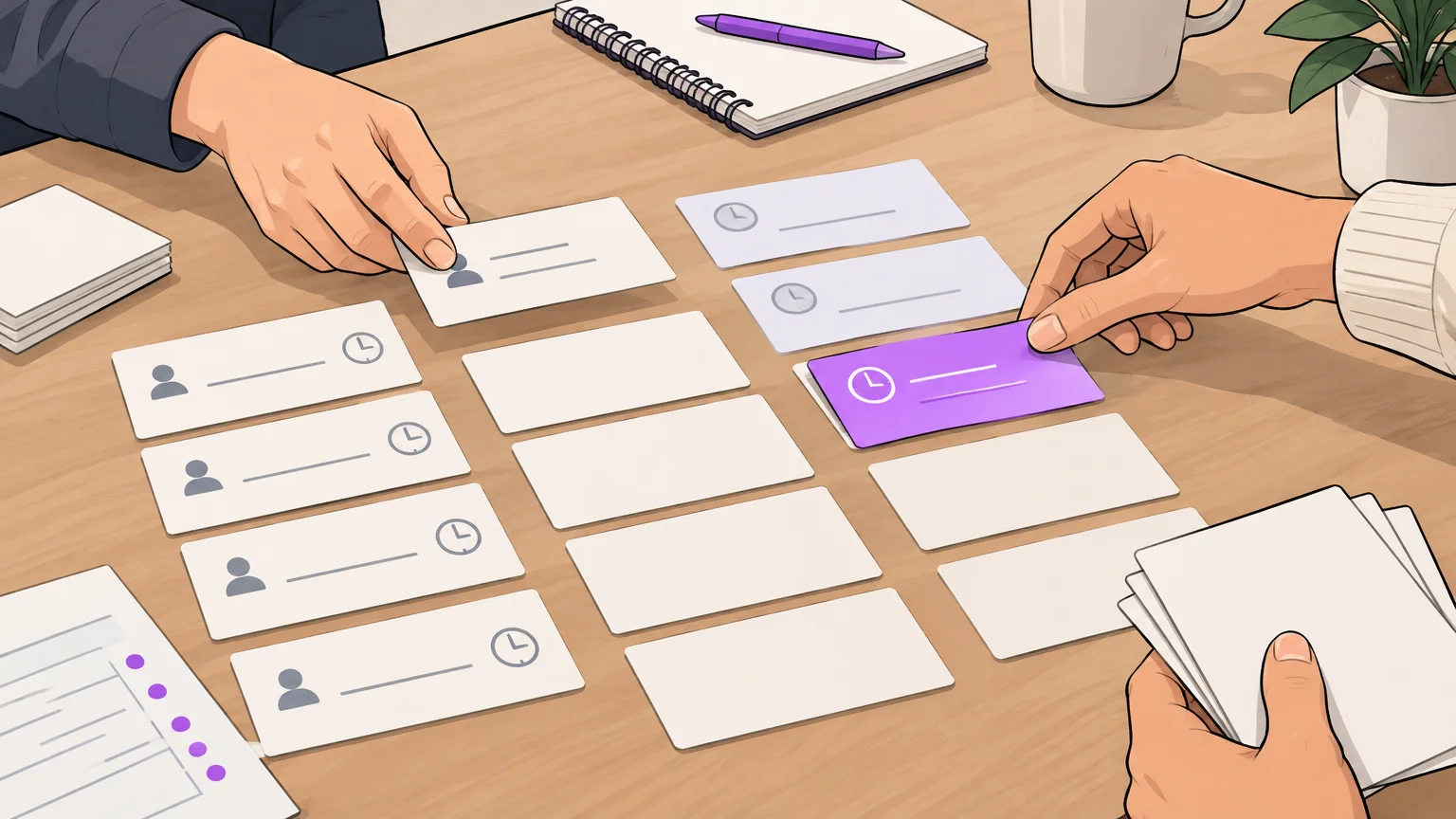 Illustration de mains qui organisent des cartes de tâches pour examiner la charge de travail.