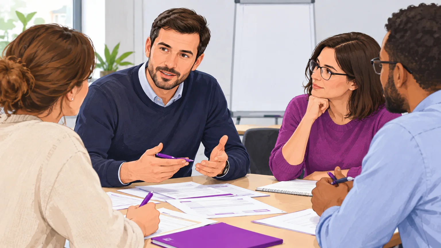 Participants travaillant en groupe sur des situations de prévention en formation CSE