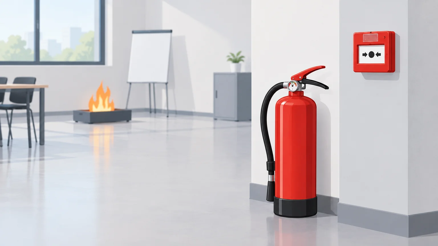 Extincteur et alarme incendie dans un environnement de travail