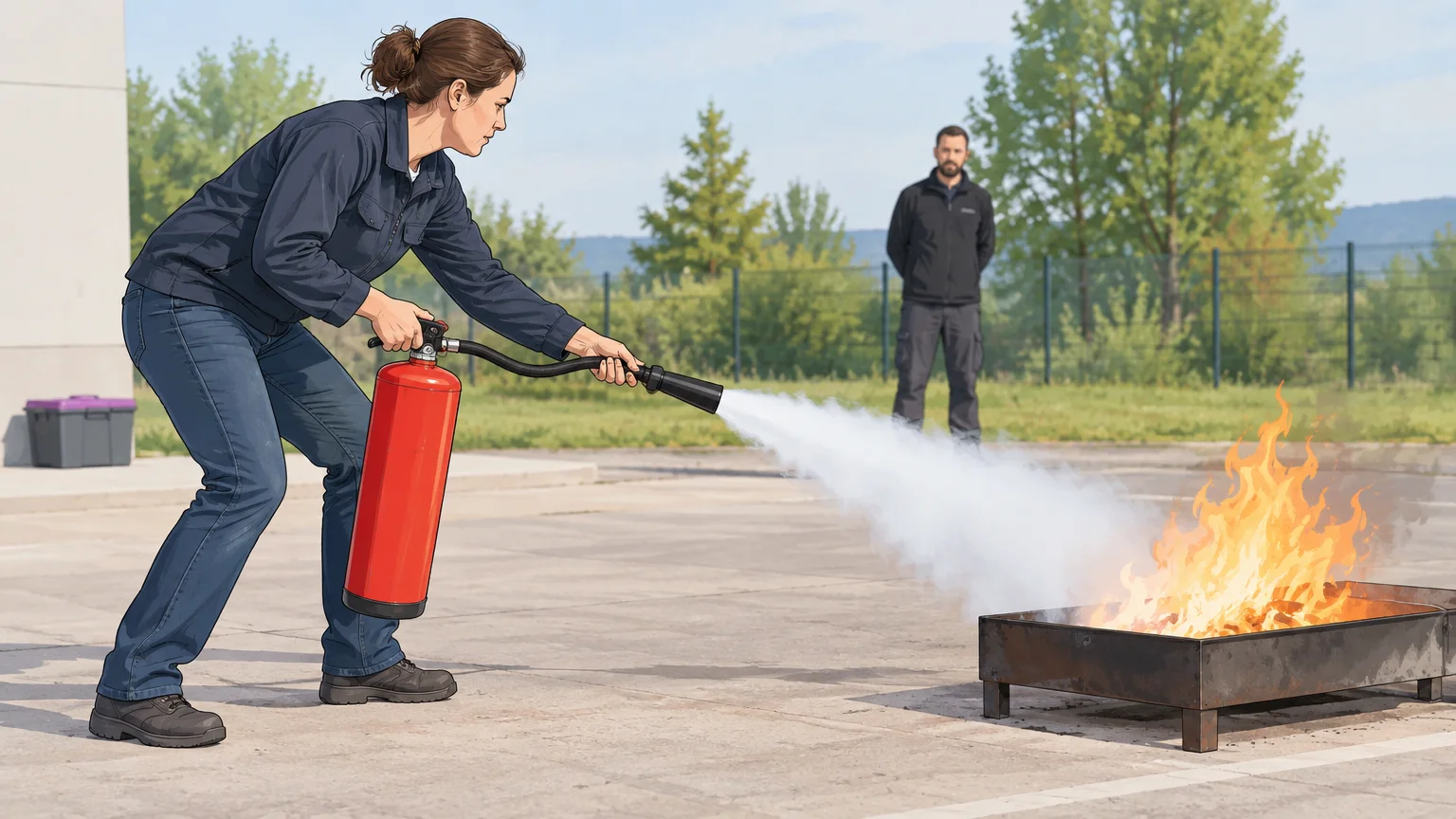 Salarié manipulant un extincteur lors d’un exercice encadré